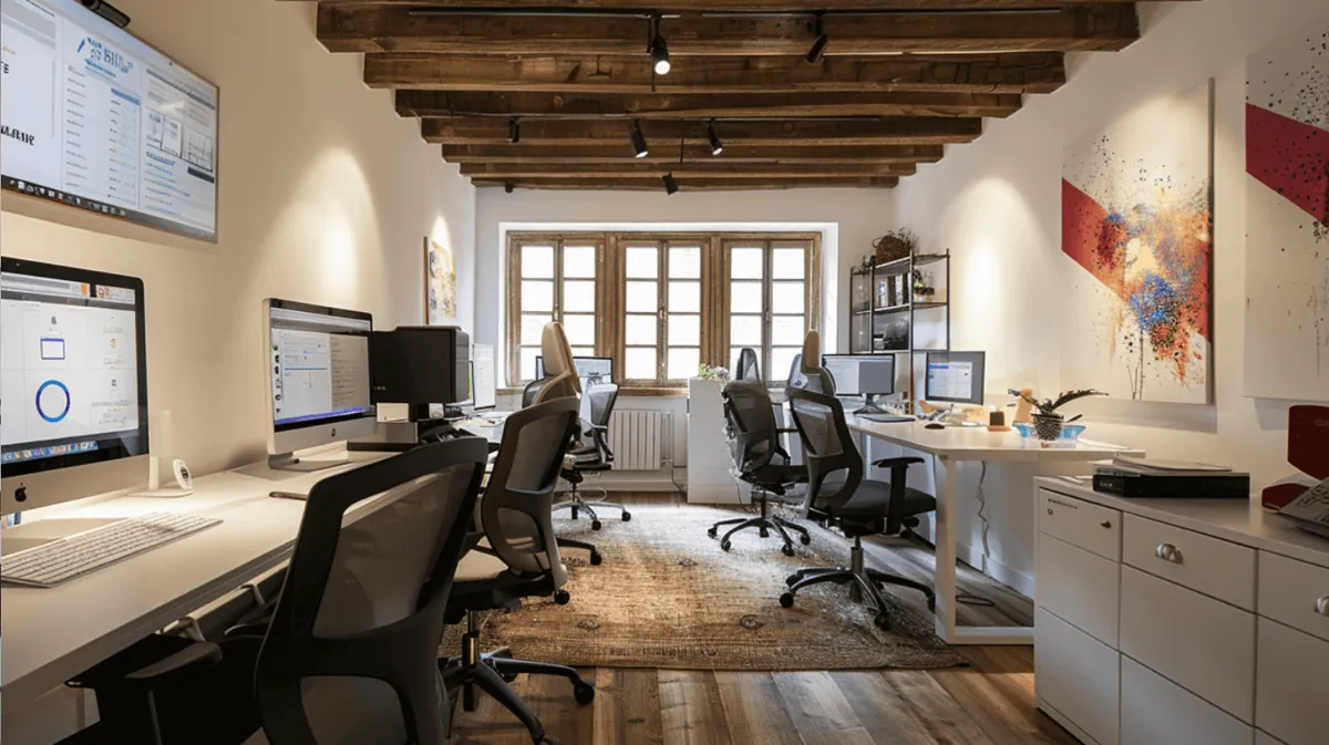 Postes de travail avec écrans dans un bureau aux poutres apparentes
