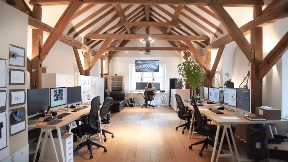 Espace de travail lumineux sous une charpente en bois
